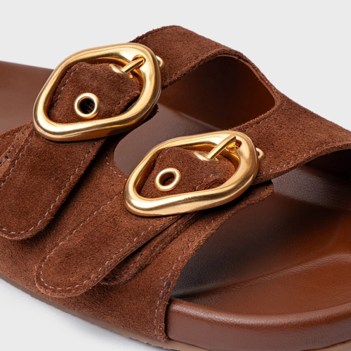 Rasteira Slide Buckle Couro Suede Marrom Walnut