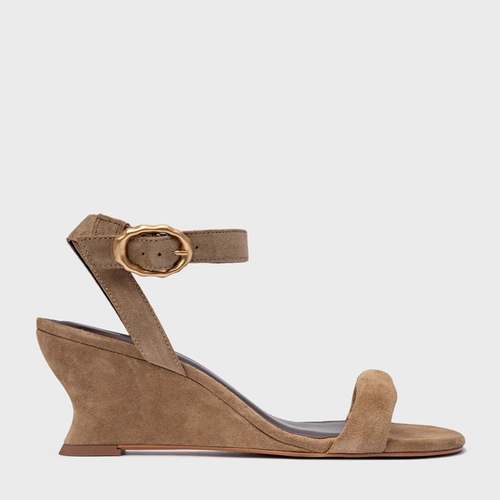 Sandália Anabela Slim Couro Suede Bege Almond