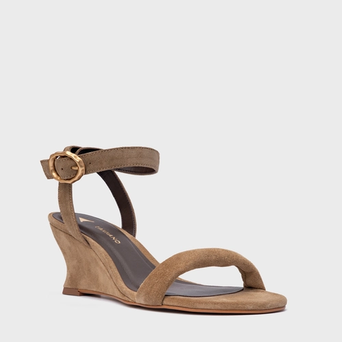 Sandália Anabela Slim Couro Suede Bege Almond