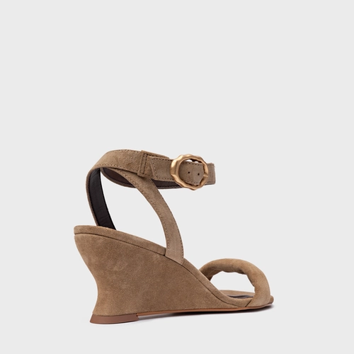 Sandália Anabela Slim Couro Suede Bege Almond