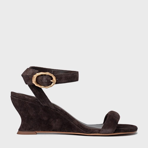 Sandália Anabela Slim Couro Suede Marrom Ganache