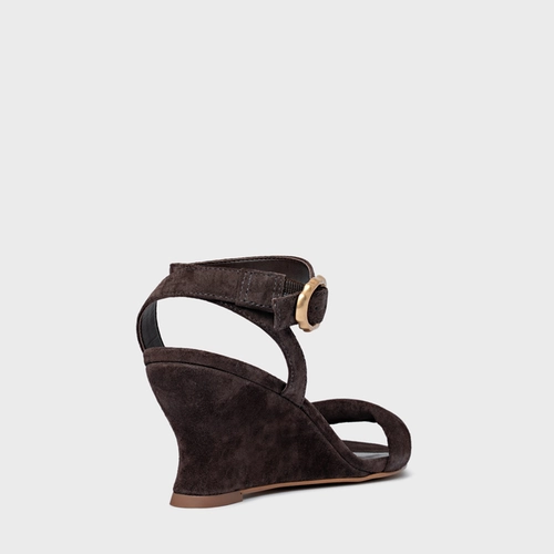 Sandália Anabela Slim Couro Suede Marrom Ganache