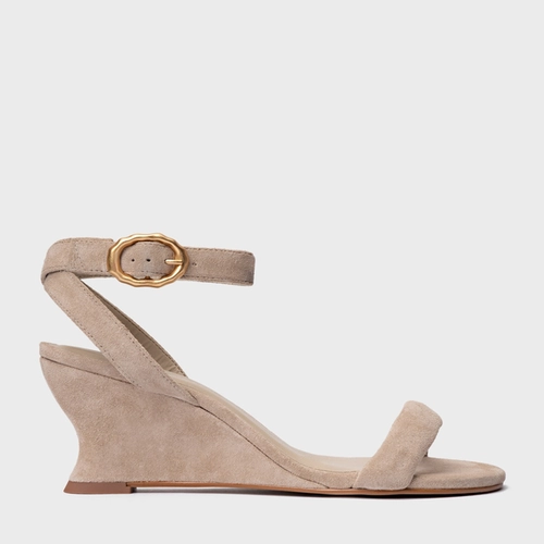 Sandália Anabela Slim Couro Suede Bege Oatmeal