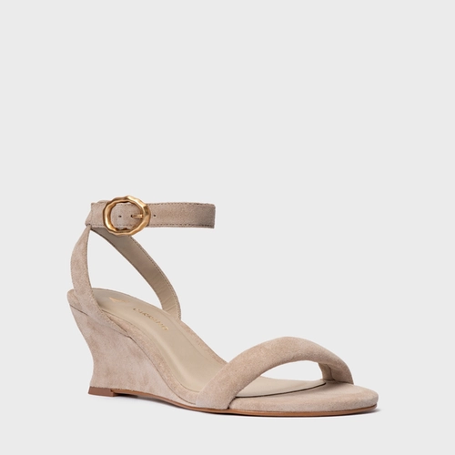 Sandália Anabela Slim Couro Suede Bege Oatmeal