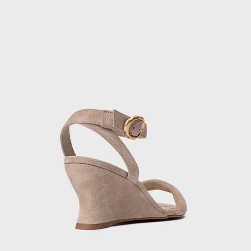 Sandália Anabela Slim Couro Suede Bege Oatmeal