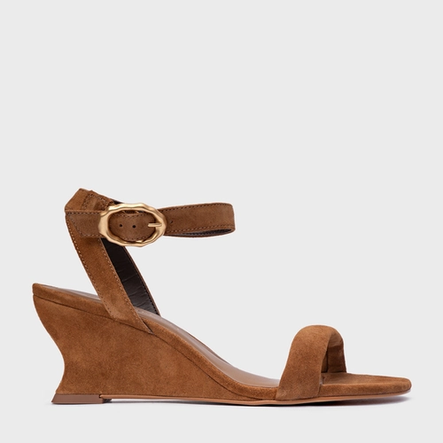 Sandália Anabela Slim Couro Suede Marrom Saddle