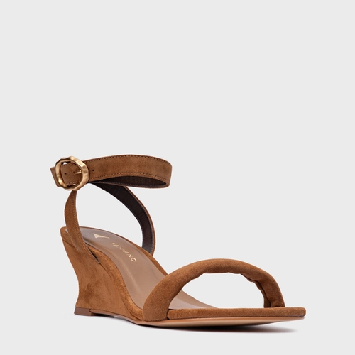 Sandália Anabela Slim Couro Suede Marrom Saddle