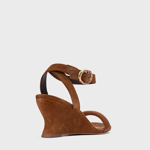 Sandália Anabela Slim Couro Suede Marrom Saddle