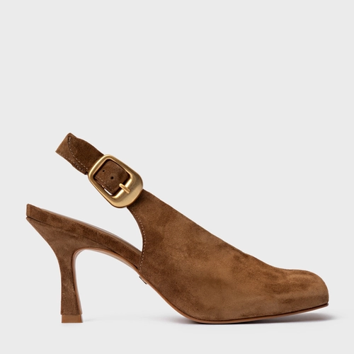 Scarpin Slingback Buckle Salto Fino Couro Suede Marrom Saddle