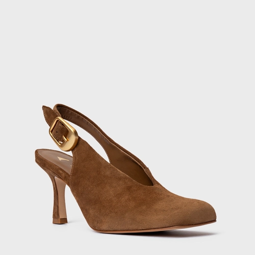 Scarpin Slingback Buckle Salto Fino Couro Suede Marrom Saddle