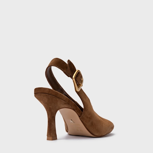 Scarpin Slingback Buckle Salto Fino Couro Suede Marrom Saddle