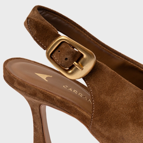 Scarpin Slingback Buckle Salto Fino Couro Suede Marrom Saddle
