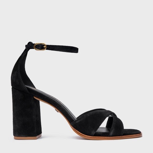 Sandália Tiras Cruzadas Salto Bloco Couro Suede Preto