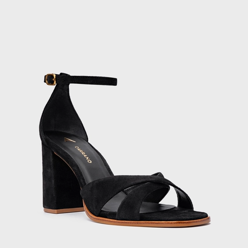 Sandália Tiras Cruzadas Salto Bloco Couro Suede Preto
