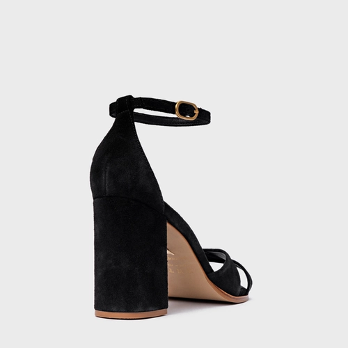 Sandália Tiras Cruzadas Salto Bloco Couro Suede Preto