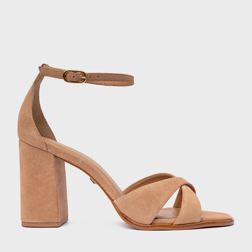 Sandália Tiras Cruzadas Salto Bloco Couro Suede Marrom Cookie