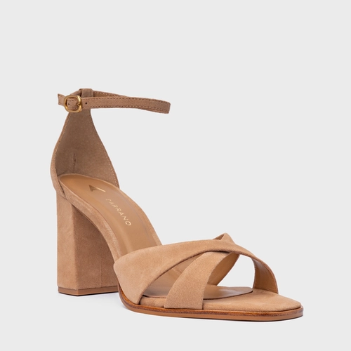 Sandália Tiras Cruzadas Salto Bloco Couro Suede Marrom Cookie