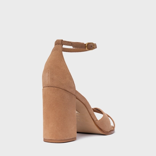 Sandália Tiras Cruzadas Salto Bloco Couro Suede Marrom Cookie