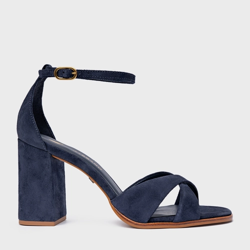 Sandália Tiras Cruzadas Salto Bloco Couro Suede Azul Navy