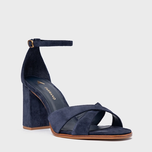 Sandália Tiras Cruzadas Salto Bloco Couro Suede Azul Navy