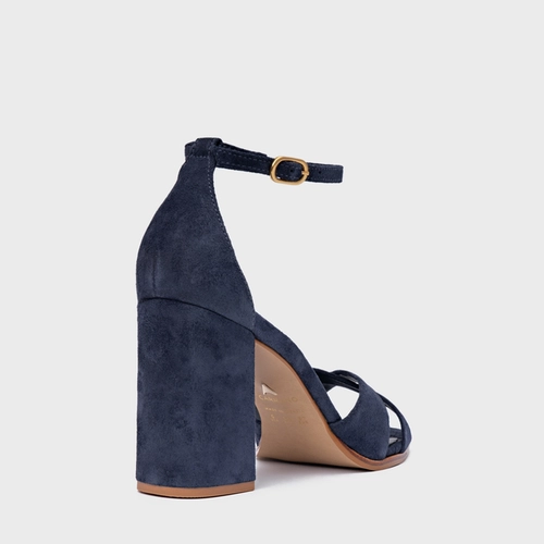 Sandália Tiras Cruzadas Salto Bloco Couro Suede Azul Navy