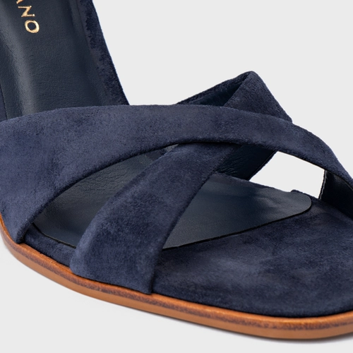 Sandália Tiras Cruzadas Salto Bloco Couro Suede Azul Navy
