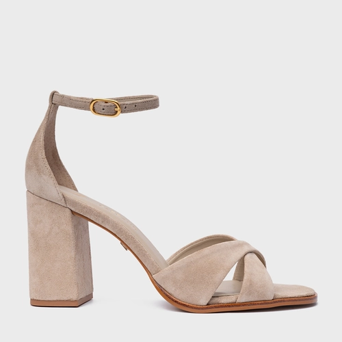 Sandália Tiras Cruzadas Salto Bloco Couro Suede Bege Oatmeal