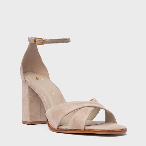 Sandália Tiras Cruzadas Salto Bloco Couro Suede Bege Oatmeal