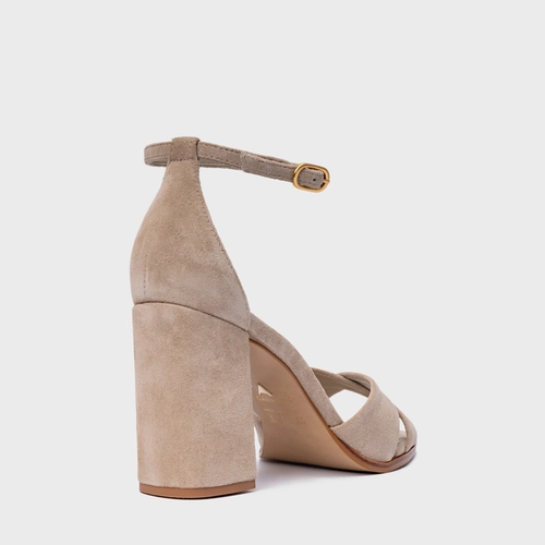 Sandália Tiras Cruzadas Salto Bloco Couro Suede Bege Oatmeal