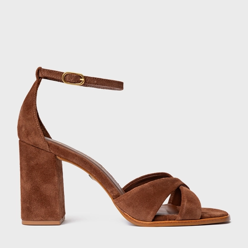 Sandália Tiras Cruzadas Salto Bloco Couro Suede Marrom Walnut