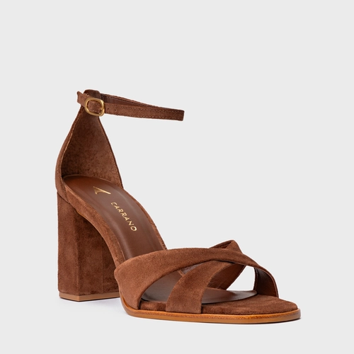 Sandália Tiras Cruzadas Salto Bloco Couro Suede Marrom Walnut