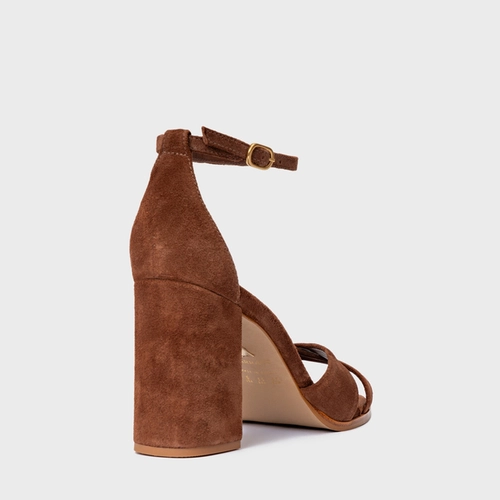 Sandália Tiras Cruzadas Salto Bloco Couro Suede Marrom Walnut