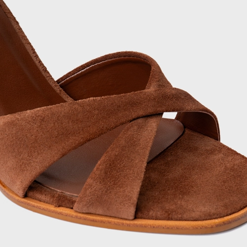 Sandália Tiras Cruzadas Salto Bloco Couro Suede Marrom Walnut