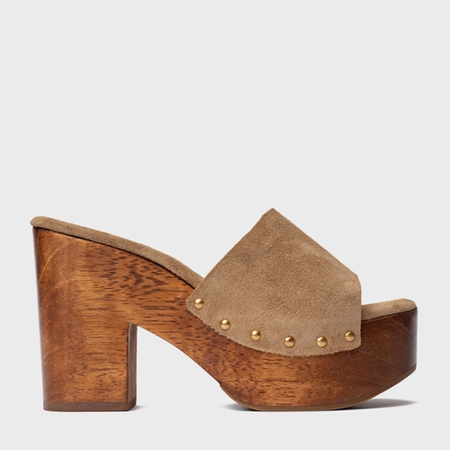 Open Mule Plataforma Wood Studs Couro Suede Bege Almond