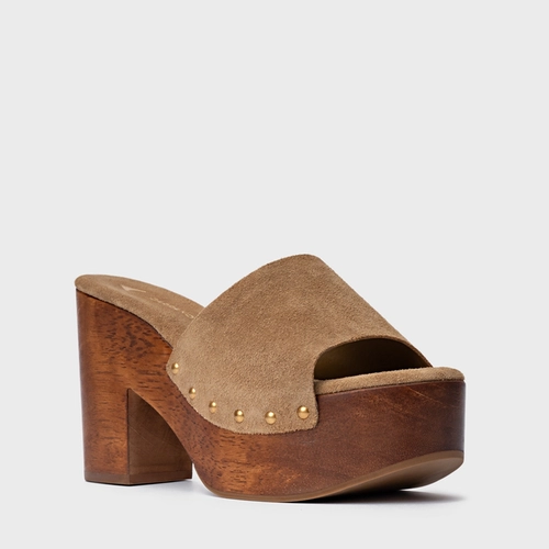 Open Mule Plataforma Wood Studs Couro Suede Bege Almond