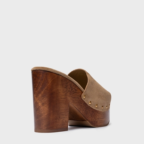 Open Mule Plataforma Wood Studs Couro Suede Bege Almond