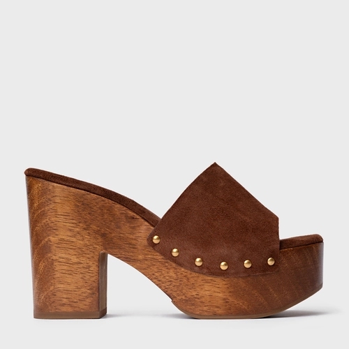 Open Mule Plataforma Wood Studs Couro Suede Marrom Walnut
