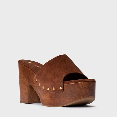Open Mule Plataforma Wood Studs Couro Suede Marrom Walnut