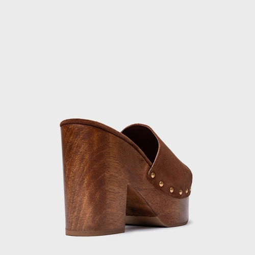 Open Mule Plataforma Wood Studs Couro Suede Marrom Walnut