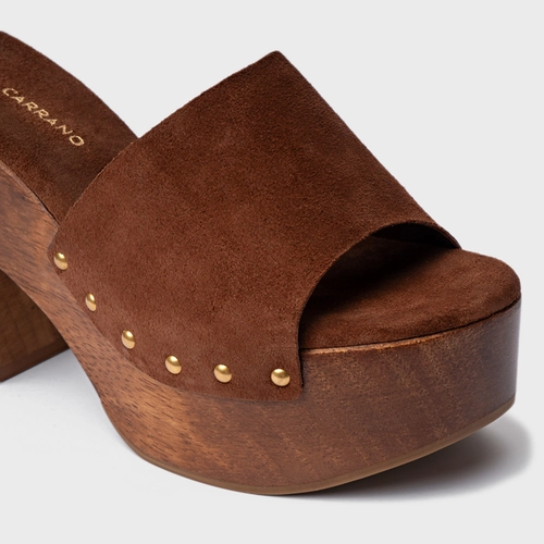 Open Mule Plataforma Wood Studs Couro Suede Marrom Walnut