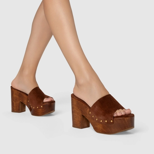 Open Mule Plataforma Wood Studs Couro Suede Marrom Walnut