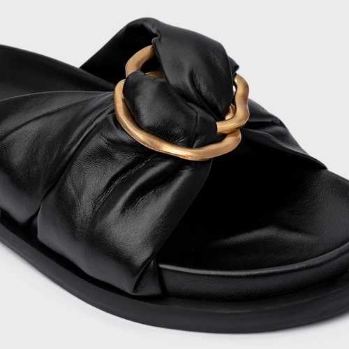 Rasteira Puffy Twist Couro Preto