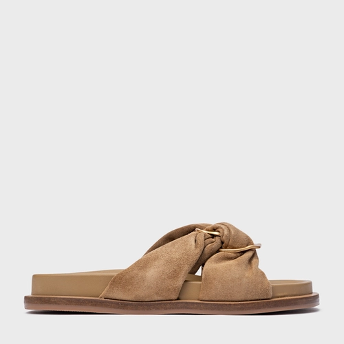 Rasteira Puffy Twist Couro Suede Bege Almond