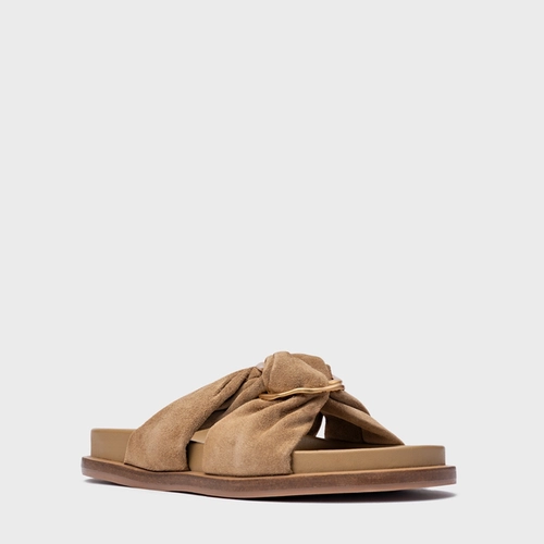 Rasteira Puffy Twist Couro Suede Bege Almond