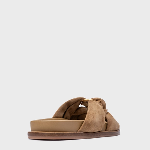 Rasteira Puffy Twist Couro Suede Bege Almond