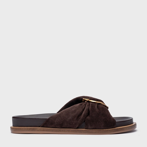 Rasteira Puffy Twist Couro Suede Marrom Ganache