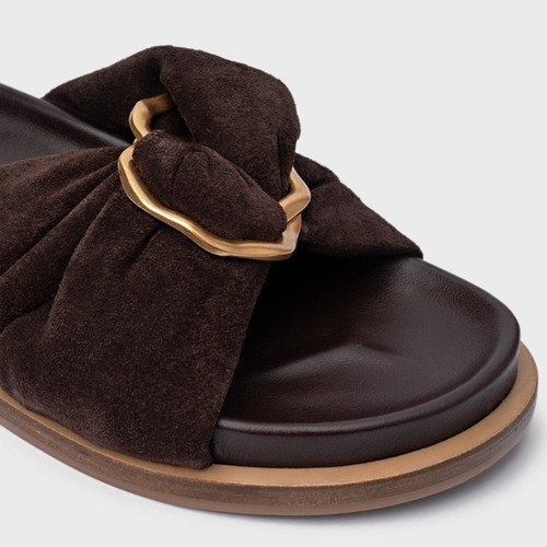 Rasteira Puffy Twist Couro Suede Marrom Ganache