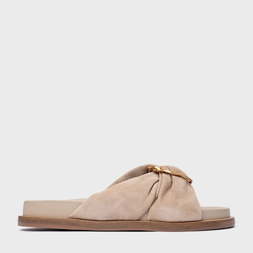 Rasteira Puffy Twist Couro Suede Bege Oatmeal