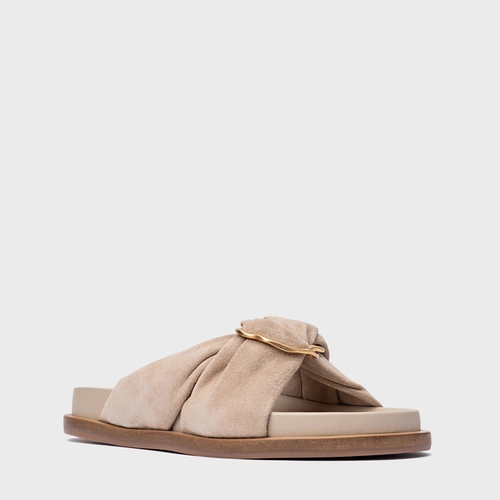 Rasteira Puffy Twist Couro Suede Bege Oatmeal