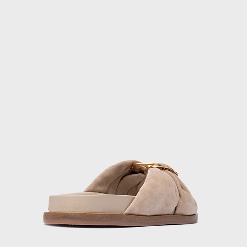 Rasteira Puffy Twist Couro Suede Bege Oatmeal